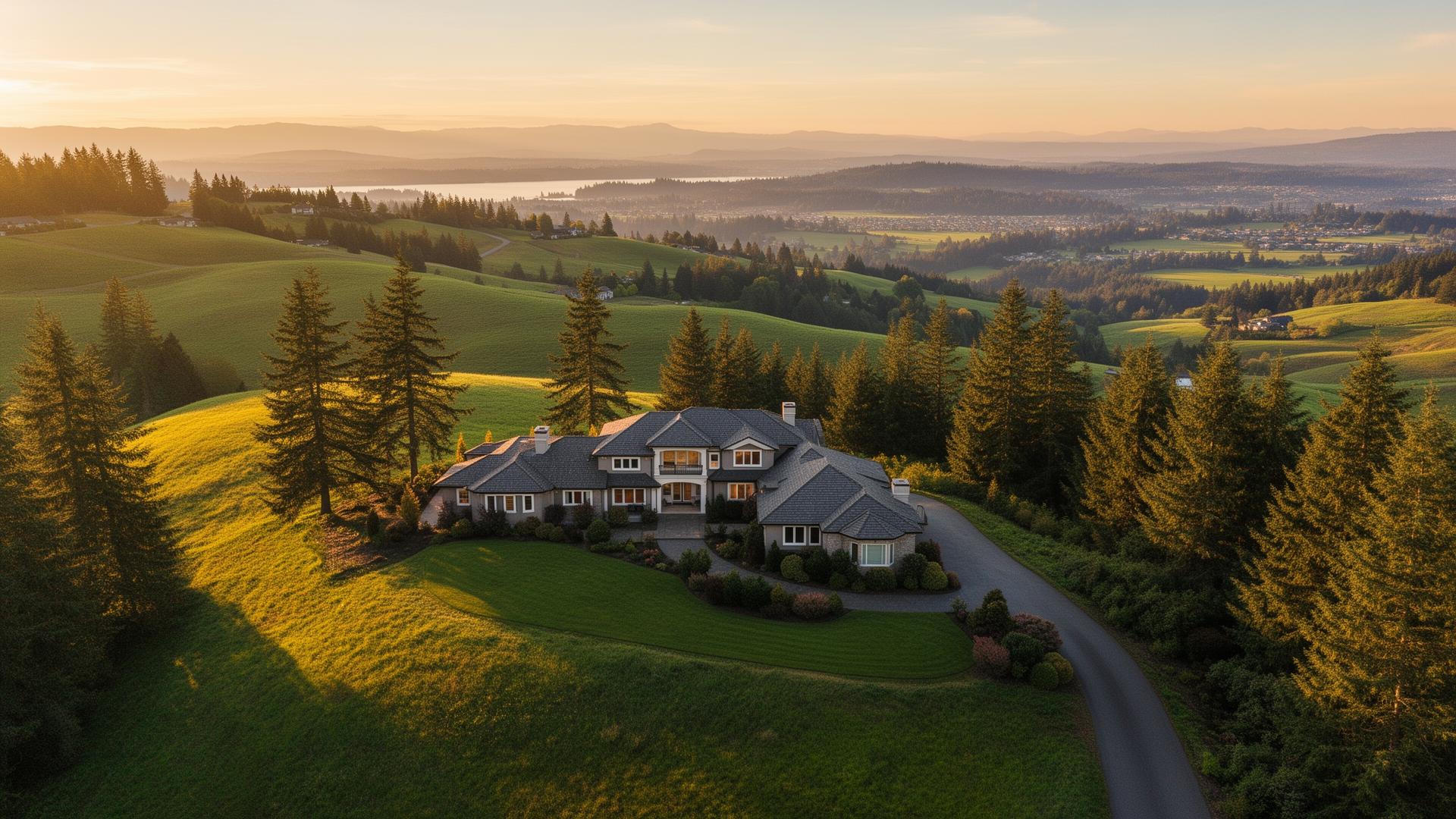 Estate home on Hollywood Hill at golden hour with views over the Sammamish Valley