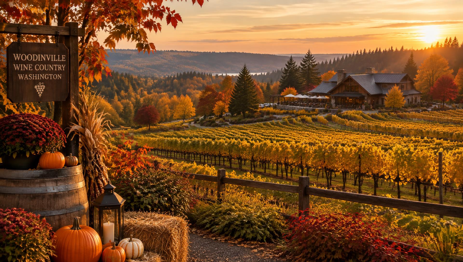 Golden autumn foliage over Woodinville wine country vineyards at golden hour