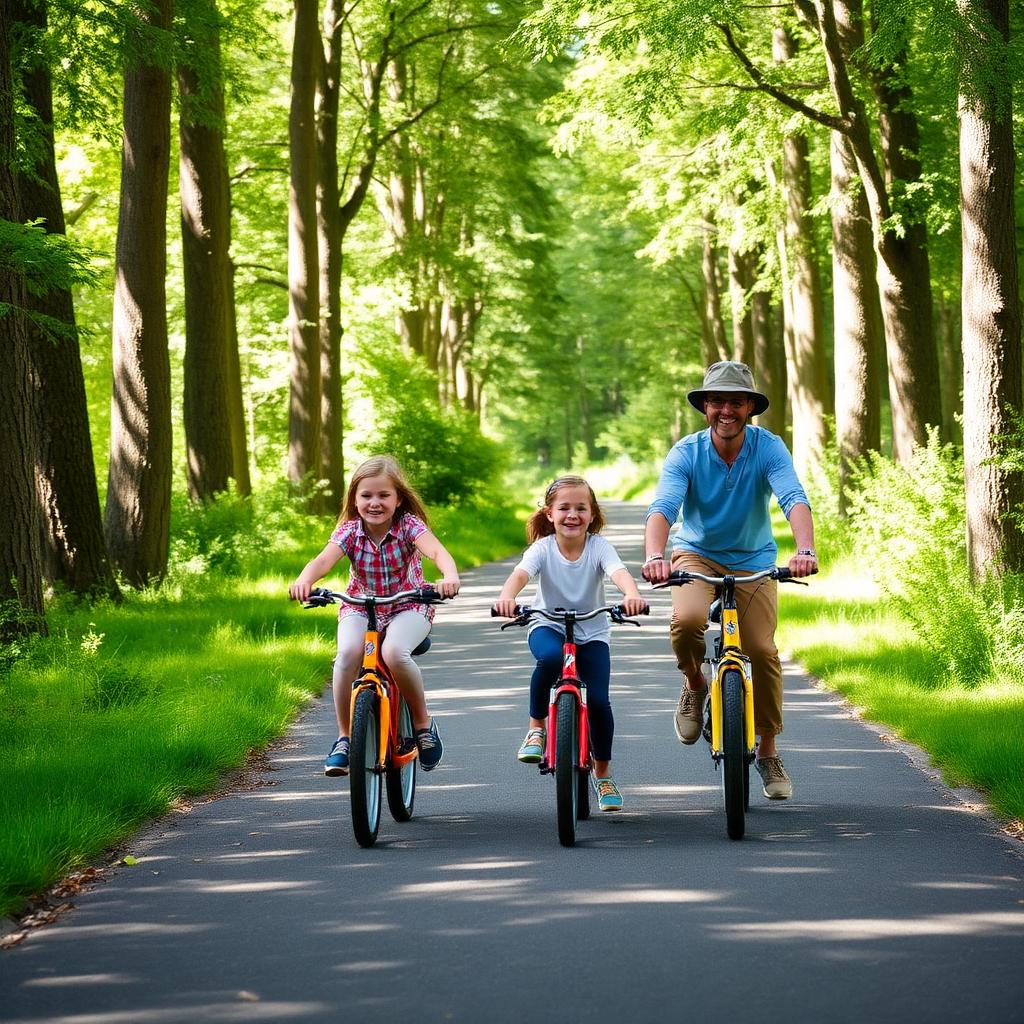 A family biking along a tree-lined trail in Woodinville, Washington on a sunny day