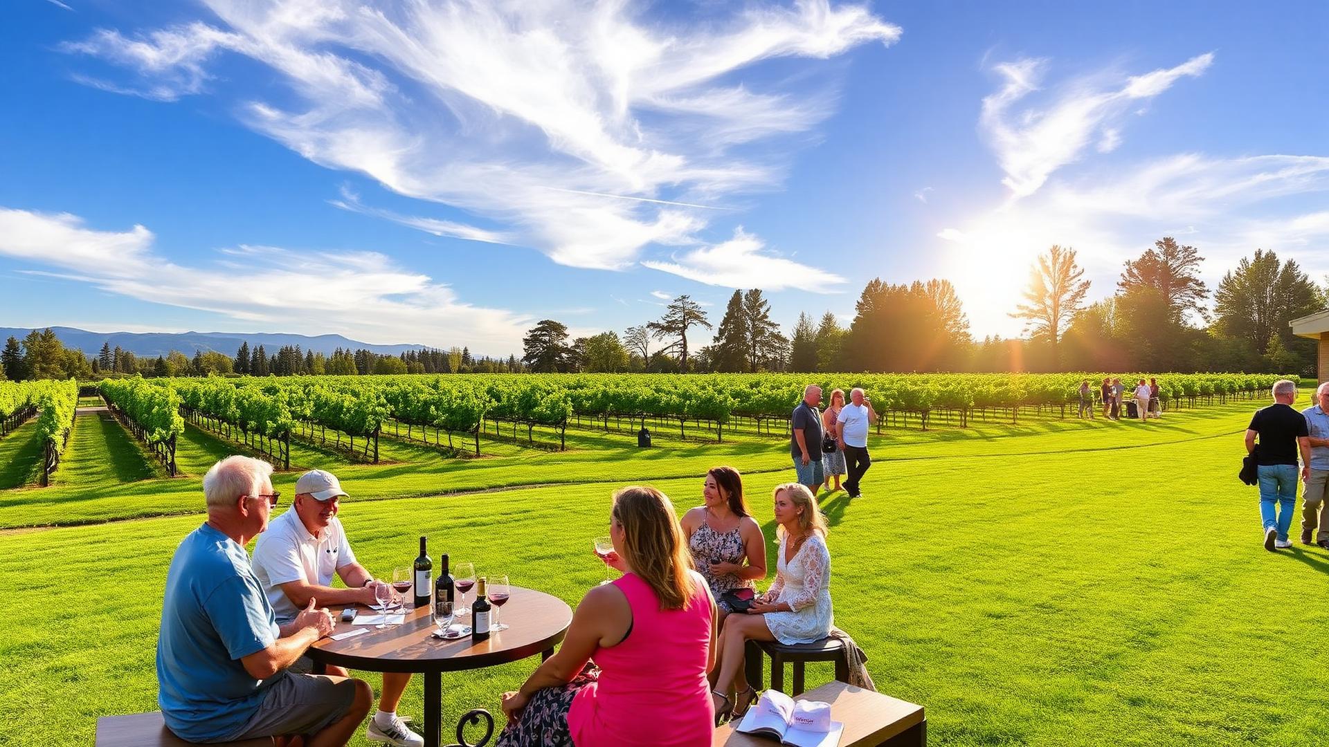 Friends enjoying wine on a sunny Woodinville vineyard lawn with rows of green grapevines