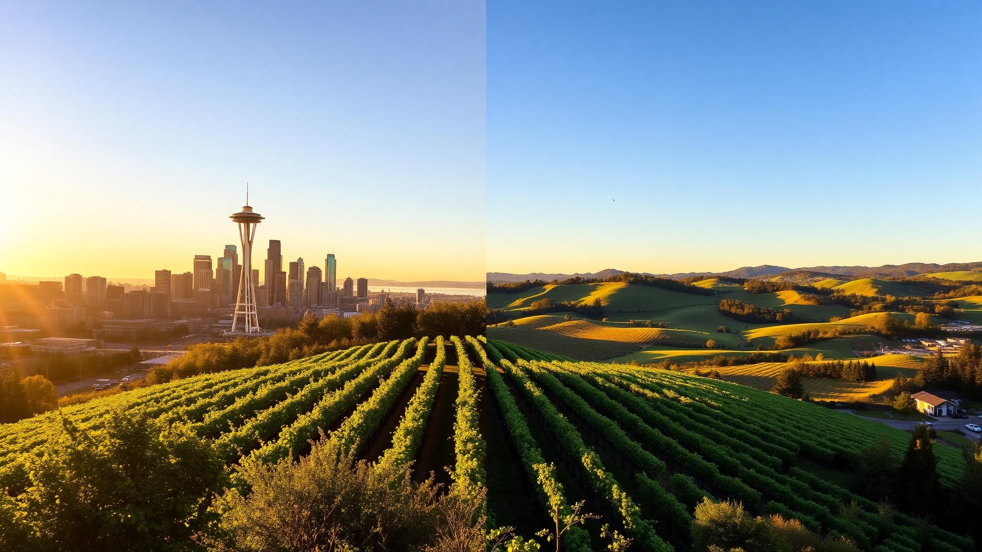 Split view of the Seattle skyline with the Space Needle and the rolling vineyards of Woodinville, Washington